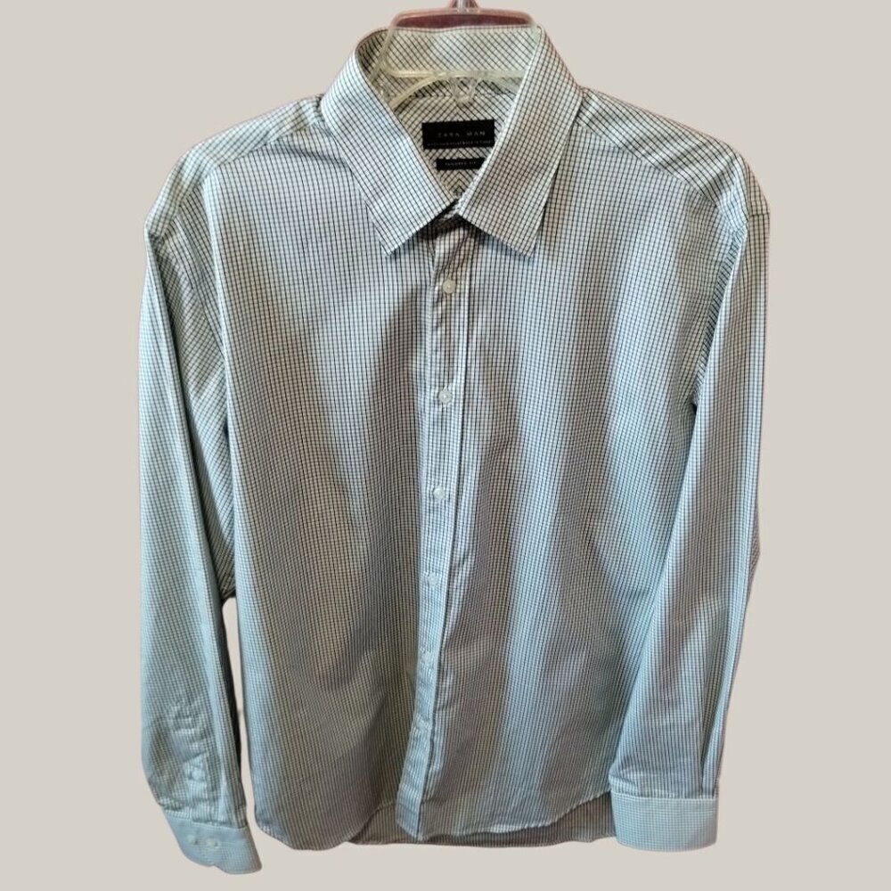 Zara Man Tailored Fit  Checkered Long Sleeve Cotton Shirt Black/White Size 16
